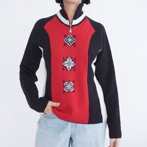 Vintage Nils Red Black Nordic Snowflake Quarter Zip Alpine Ski Sweater Knit S